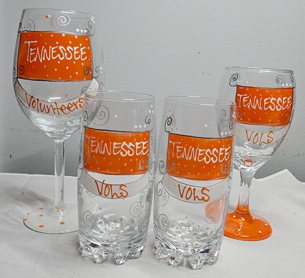 Tenn Vols Hand-Painted Glassware Set of 4 – 2 Highball Glasses & 2 Wine Goblets